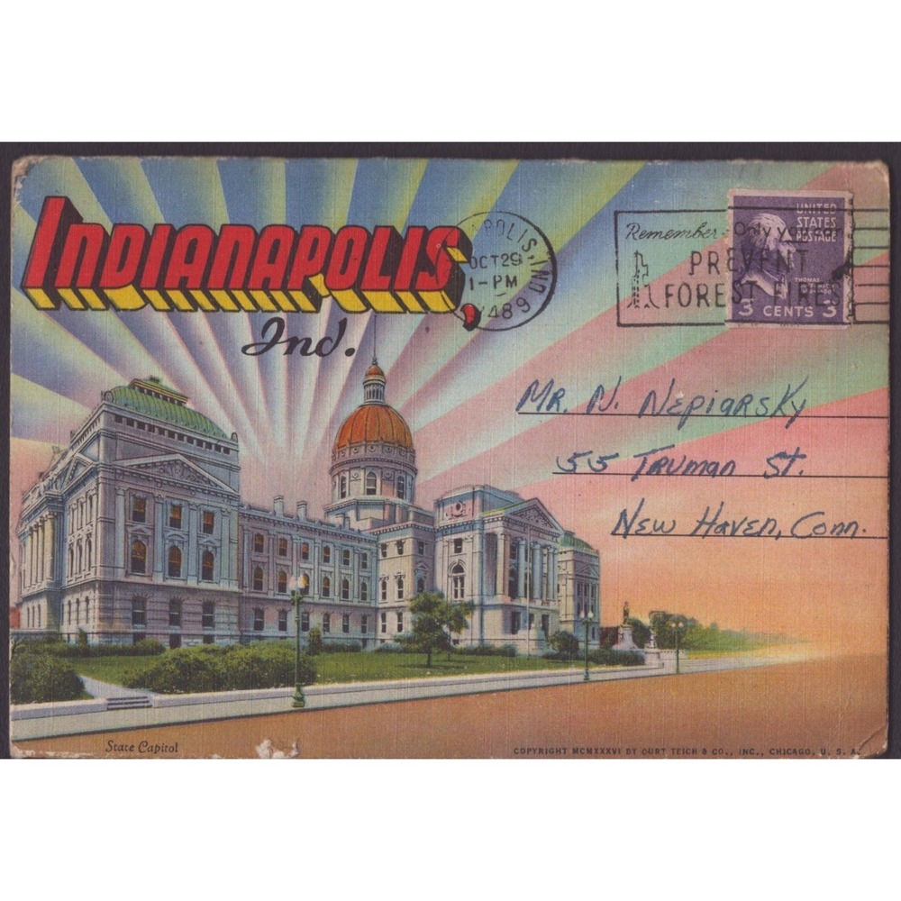 Indianapolis Indiana IN State Capitol 1936 Curt Teich Linen Postcard 1948 Posted